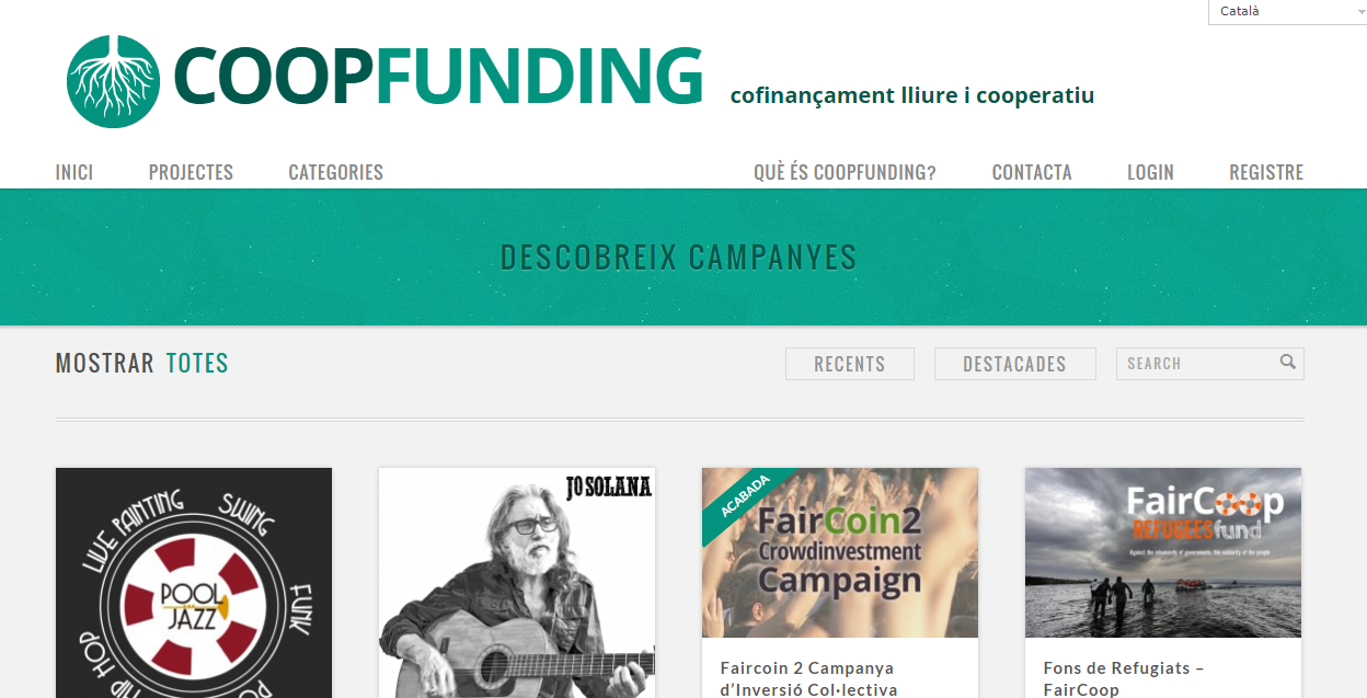 Captura de pantalla de la portada del lloc web Coopfunding